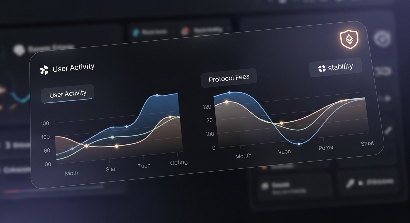 A digital dashboard displays two line graphs labeled User Activity and Protocol Fees, showing data trends over time with smooth, colorful lines and a stability icon in the top right corner.