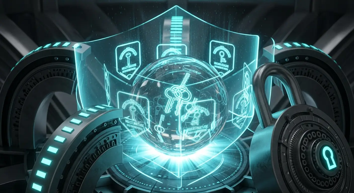 A glowing digital shield with holographic icons and a central globe, surrounded by futuristic security symbols and a large padlock, representing advanced cybersecurity and data protection.