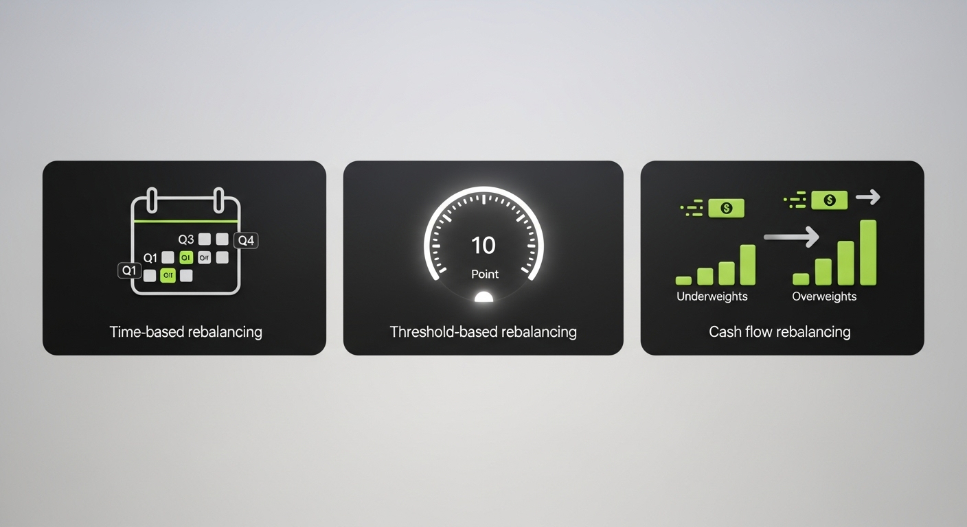 Bitunix Three icons represent rebalancing methods: a calendar for time-based, a gauge for threshold-based, and a bar chart with arrows for cash flow rebalancing—ideal for managing altcoin portfolios—each labeled with corresponding text.