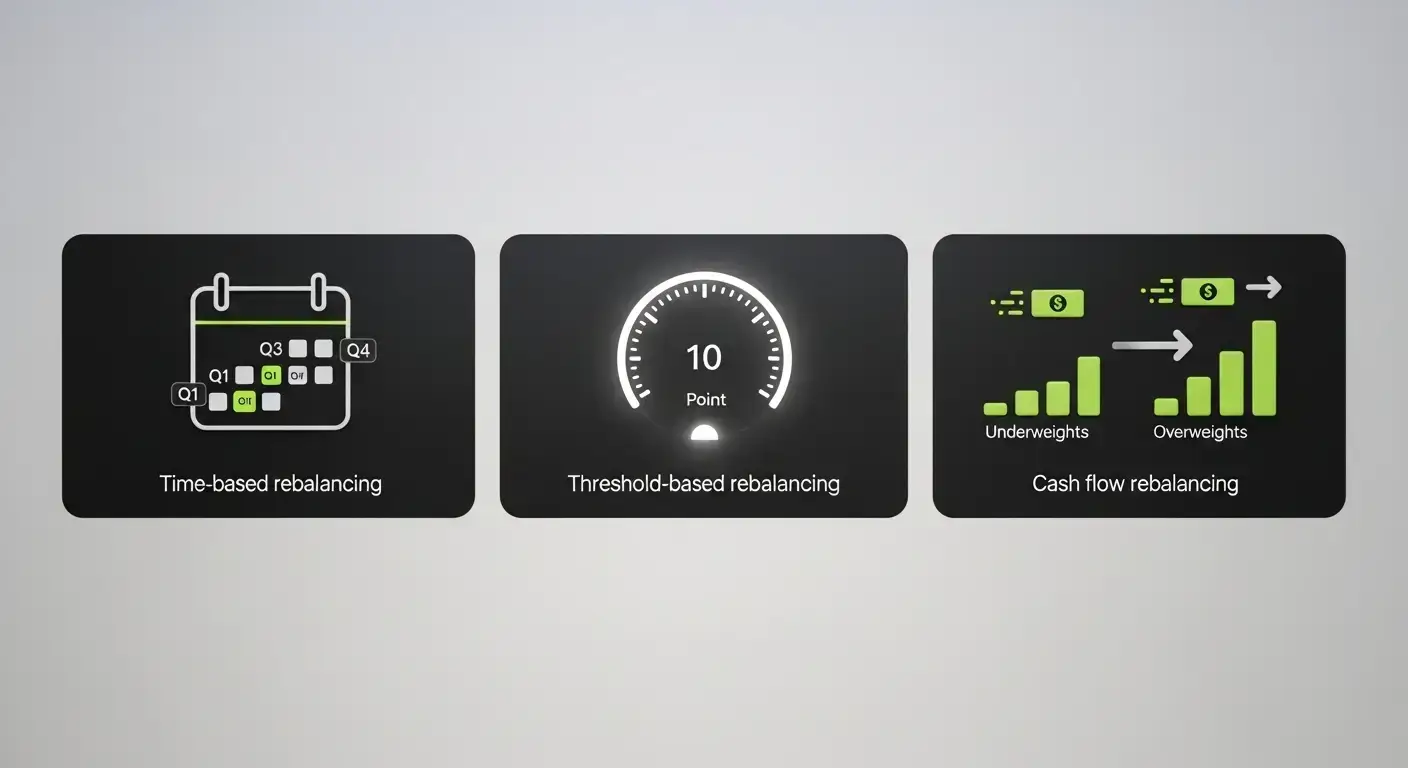 Bitunix Three icons represent rebalancing methods: a calendar for time-based, a gauge for threshold-based, and a bar chart with arrows for cash flow rebalancing—ideal for managing altcoin portfolios—each labeled with corresponding text.