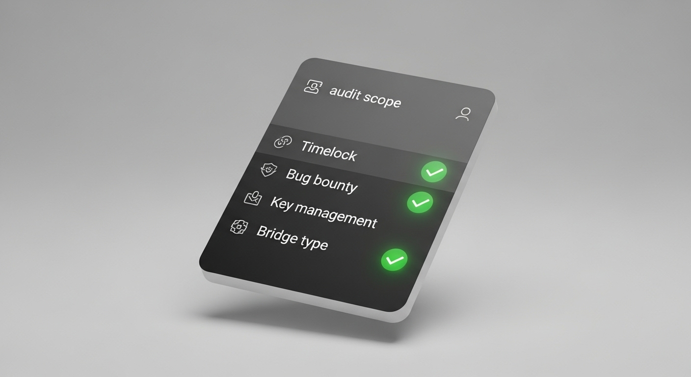 A floating dashboard displays an audit scope checklist with four items: Timelock, Bug bounty, Key management, and Bridge type, each marked with a green checkmark indicating completion.