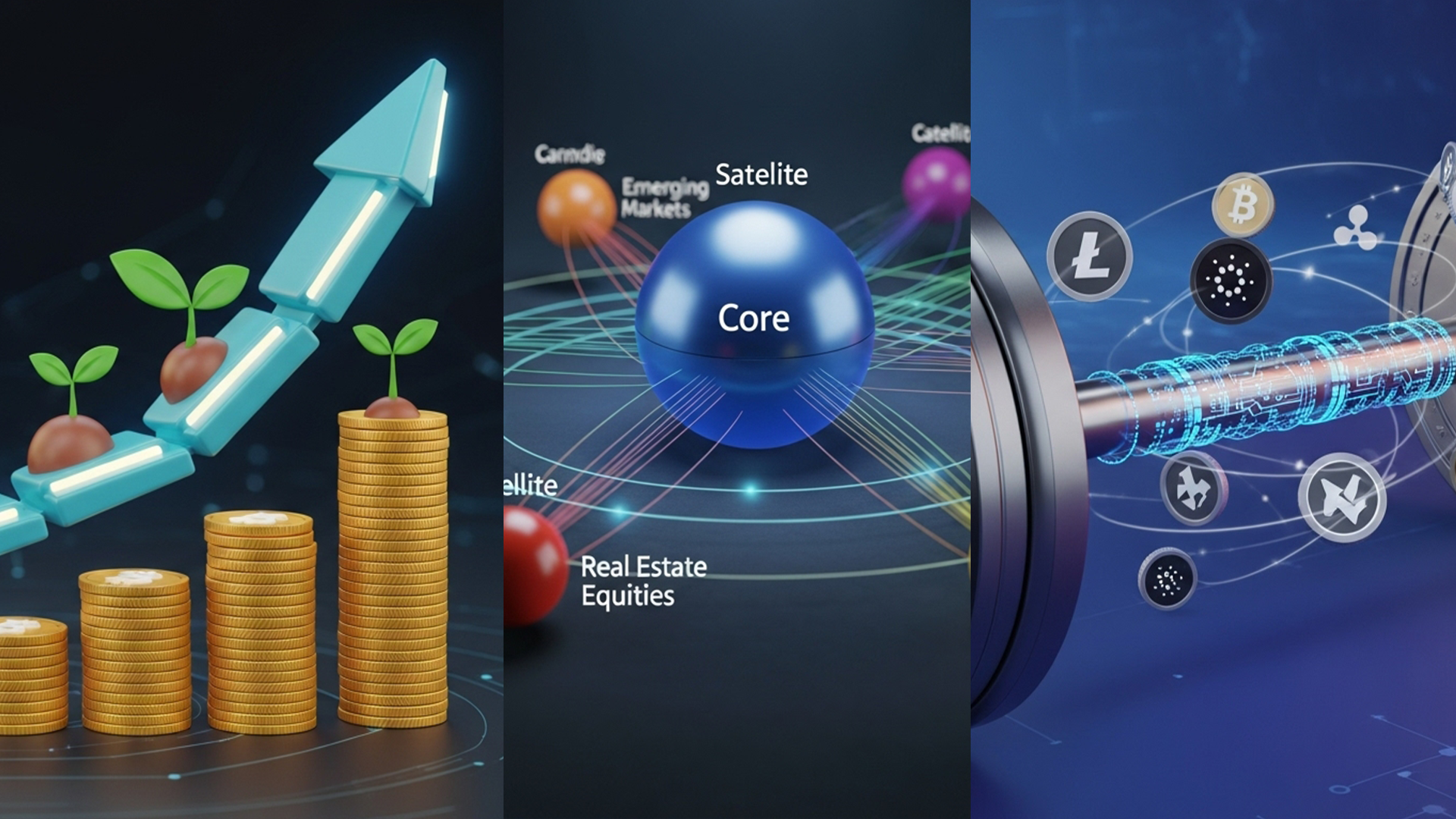 Three panels: coins stacked with plants and an upward arrow, a core-satellite investment diagram, and a barbell with cryptocurrency logos, symbolizing different investment strategies.