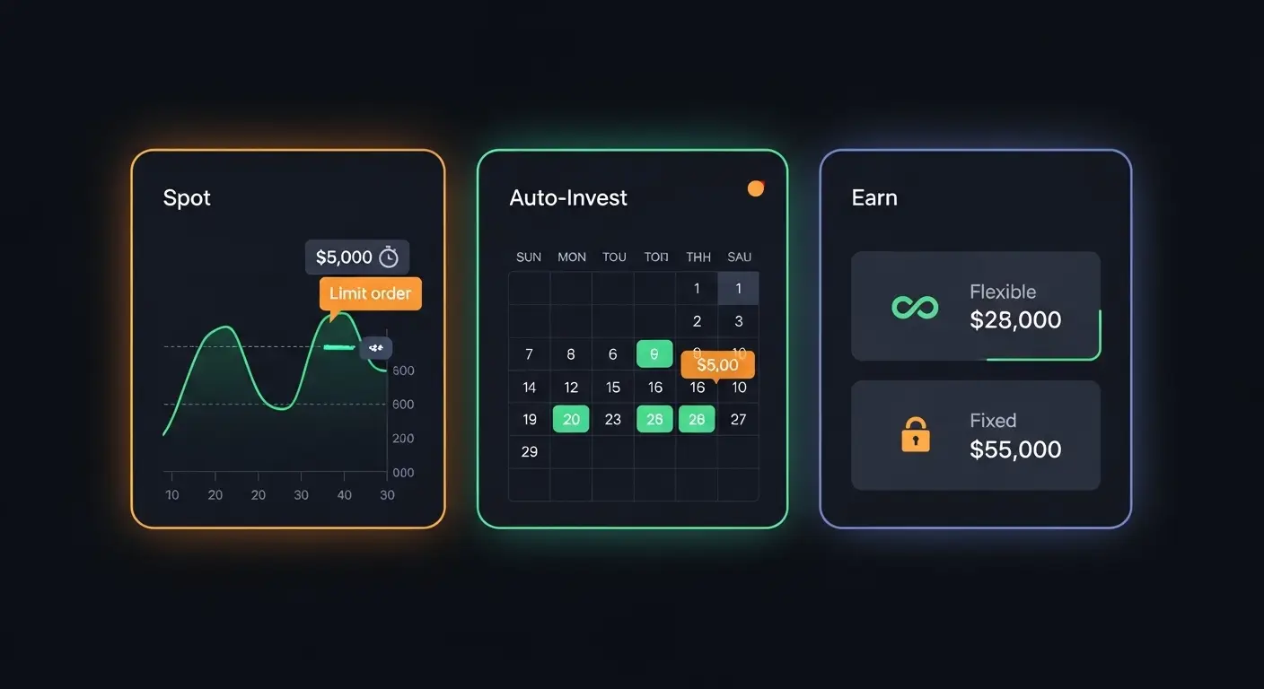 Bitunix A digital dashboard with three sections: a Spot chart featuring an altcoin limit order at $5,000, an Auto-Invest calendar with $5,000 marked, and Earn options highlighting Flexible $28,000 and Fixed $55,000.