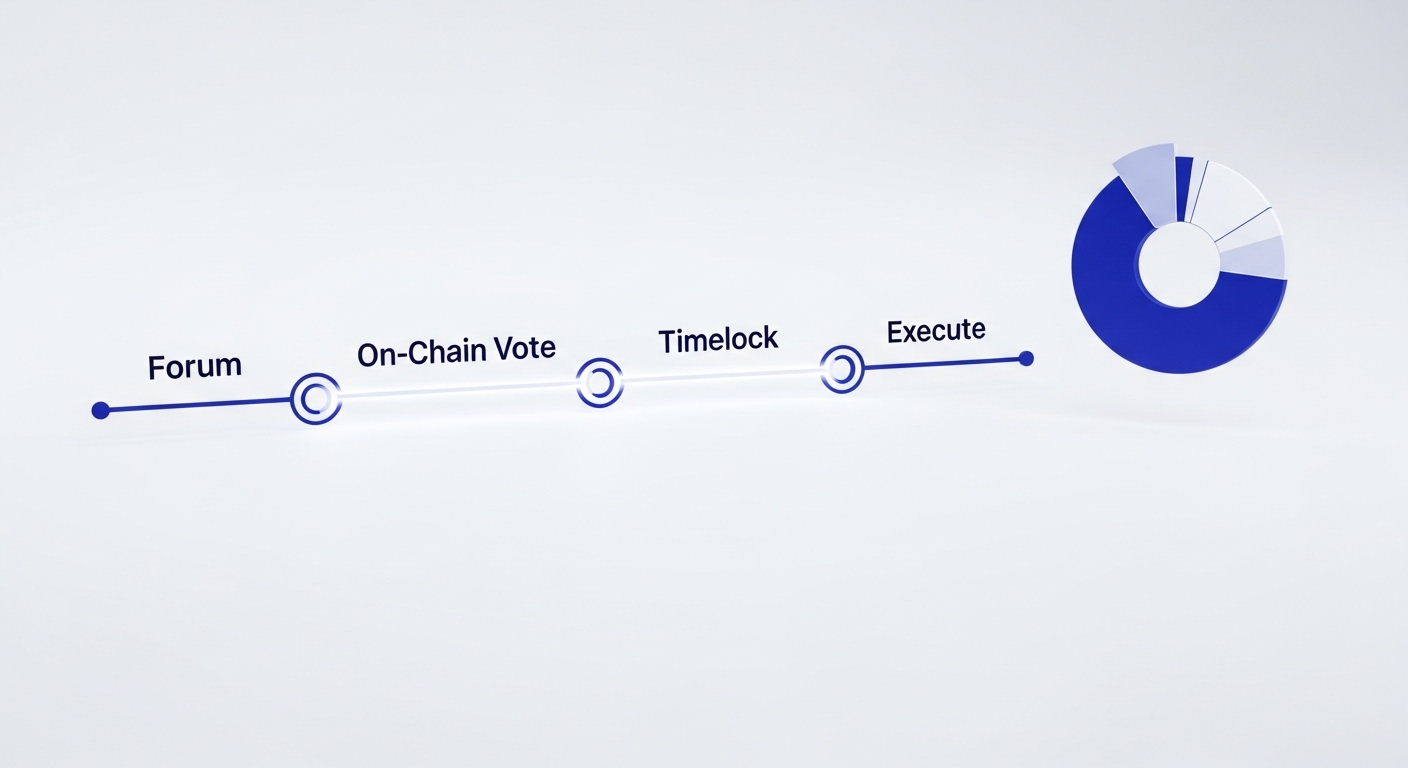A visual diagram showing four stages labeled Forum, On-Chain Vote, Timelock, and Execute, connected in a line, with a blue and white circular chart on the right.