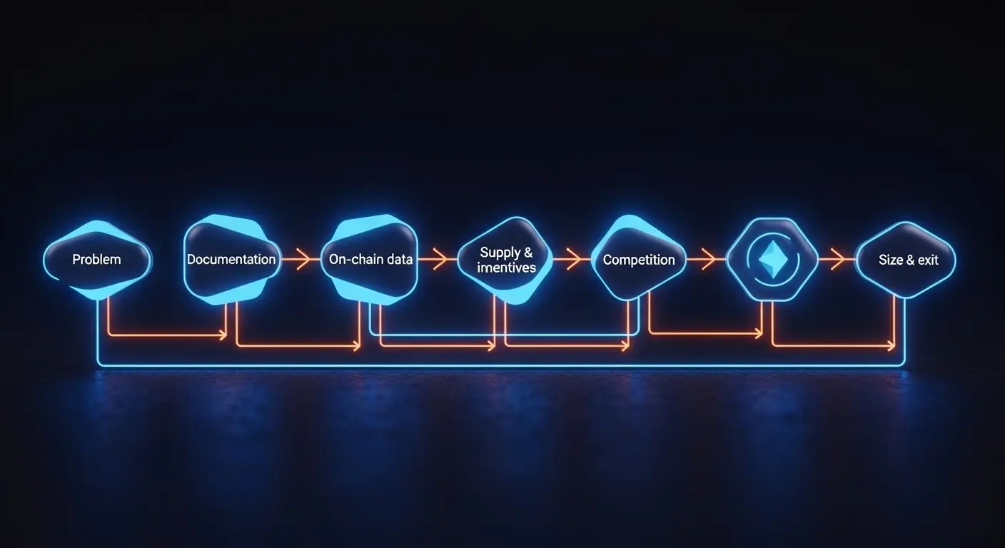 A neon-style flowchart with six stages: Problem, Documentation, On-chain data, Supply & incentives, Competition, and Size & exit, connected by arrows against a dark background.