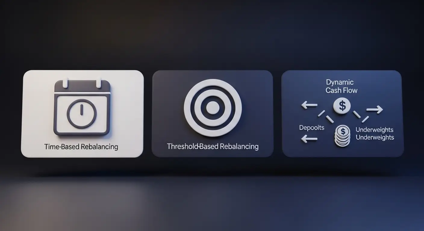 Three panels show icons representing investment strategies: a calendar for time-based rebalancing, a target for threshold-based rebalancing, and arrows with labeled flows for dynamic cash flow rebalancing.