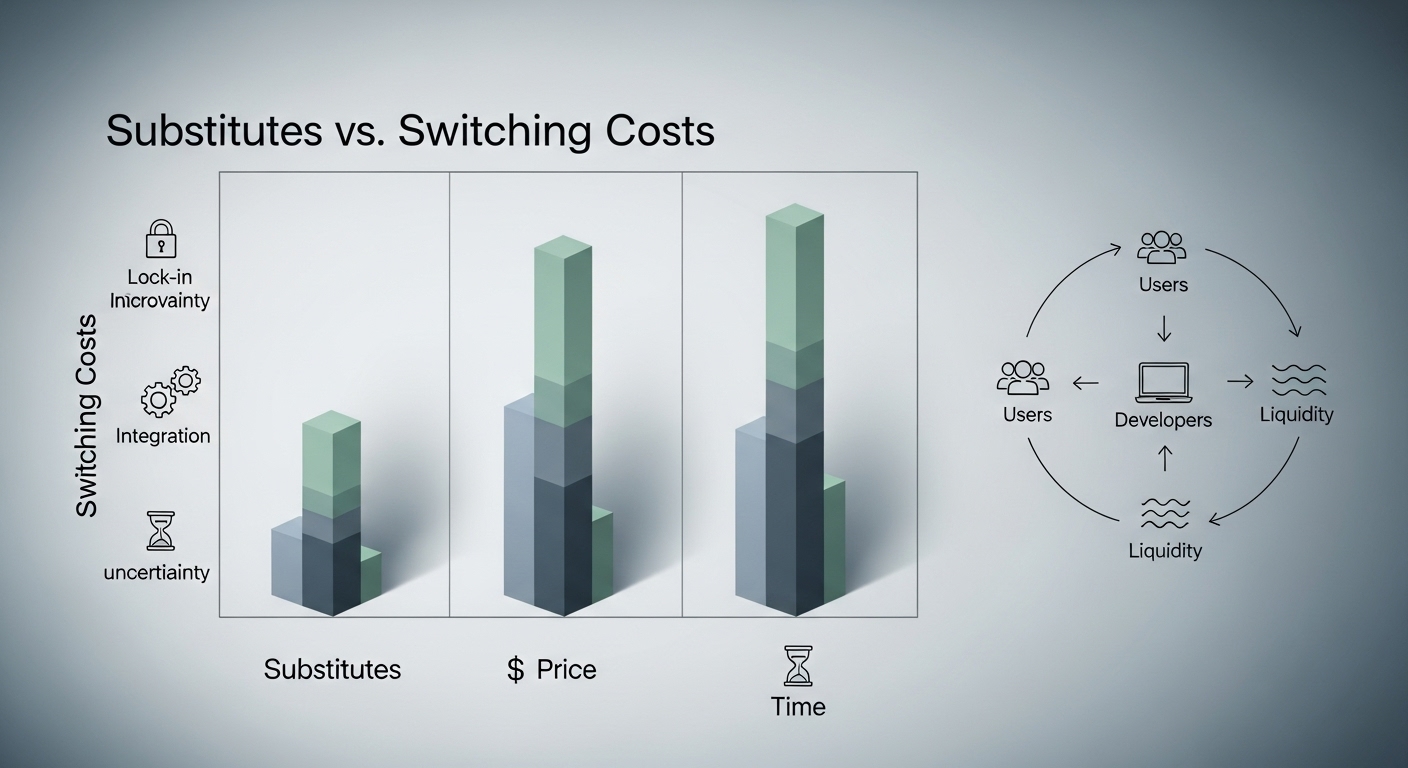 A chart compares substitutes, price, and time against switching costs, with icons for uncertainty, integration, and lock-in. On the right, a circular diagram shows users, developers, and liquidity in a network flow.