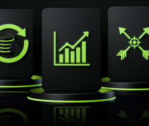 سه پنل مشکی با آیکون‌های سبز نئونی: پنل سمت چپ توده‌ای از سکه‌ها و یک فلش دایره‌ای را نشان می‌دهد، پنل وسط نمودار میله‌ای رو به رشد را نمایش می‌دهد و پنل سمت راست دو فلشِ در حال تقاطع با یک هدف را نشان می‌دهد؛ همه آن‌ها روی پایه‌های دایره‌ای مشکی قرار گرفته‌اند.