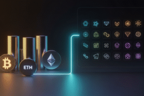 Bitunix Three metallic cylinders with Bitcoin, Ethereum, and altcoin symbols are connected by a glowing line to a grid of colorful cryptocurrency and blockchain-related icons on a dark background.