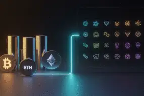 Bitunix Three metallic cylinders with Bitcoin, Ethereum, and altcoin symbols are connected by a glowing line to a grid of colorful cryptocurrency and blockchain-related icons on a dark background.