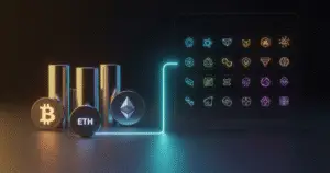 Bitunix Three metallic cylinders with Bitcoin, Ethereum, and altcoin symbols are connected by a glowing line to a grid of colorful cryptocurrency and blockchain-related icons on a dark background.