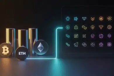 Bitunix Three metallic cylinders with Bitcoin, Ethereum, and altcoin symbols are connected by a glowing line to a grid of colorful cryptocurrency and blockchain-related icons on a dark background.