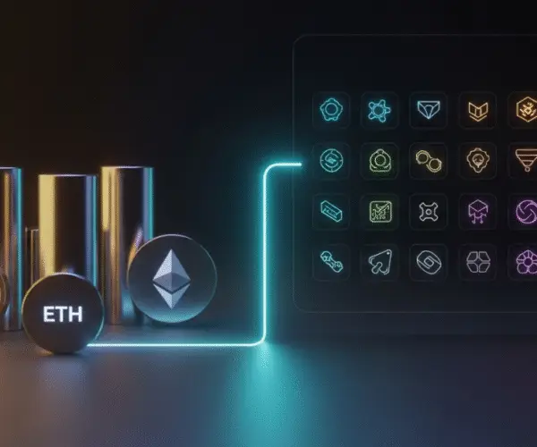 Bitunix Three metallic cylinders with Bitcoin, Ethereum, and altcoin symbols are connected by a glowing line to a grid of colorful cryptocurrency and blockchain-related icons on a dark background.