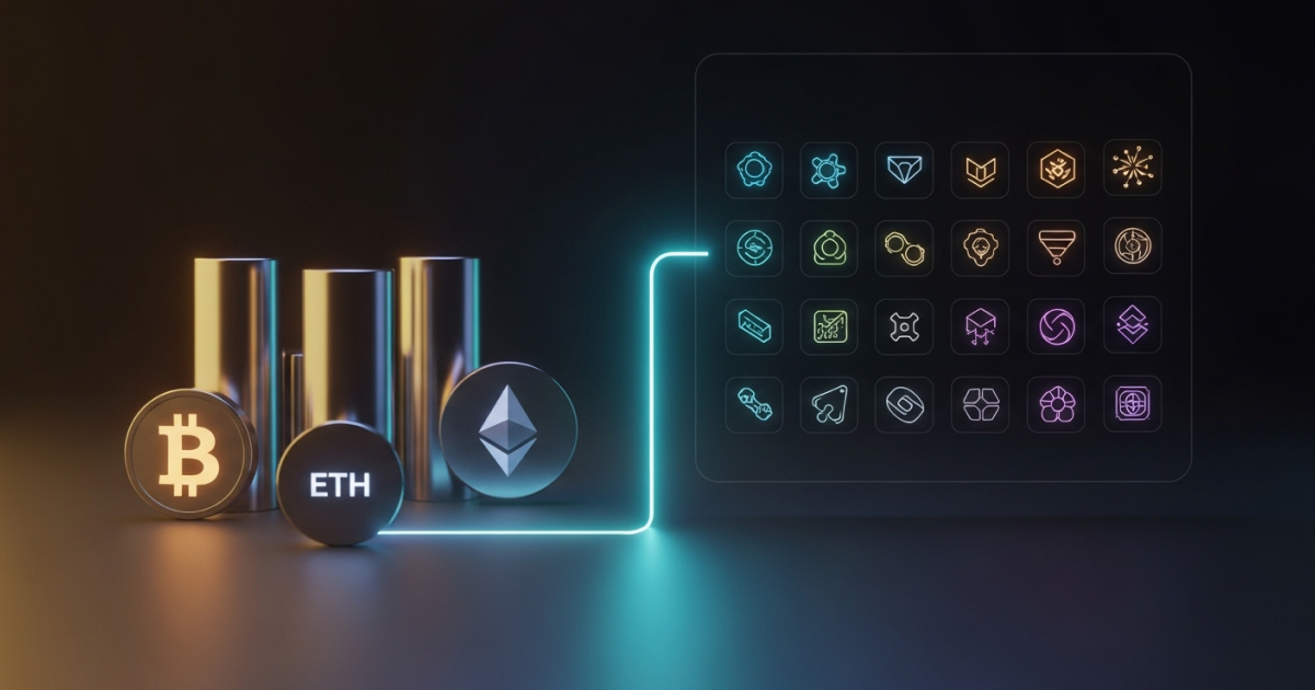 Bitunix Three metallic cylinders with Bitcoin, Ethereum, and altcoin symbols are connected by a glowing line to a grid of colorful cryptocurrency and blockchain-related icons on a dark background.