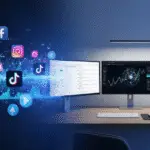 A modern desk setup with three monitors displaying data analytics and graphs, while social media icons like Twitter, Facebook, Instagram, and TikTok appear digitally on the left, suggesting digital marketing or social media analysis.