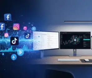 A modern desk setup with three monitors displaying data analytics and graphs, while social media icons like Twitter, Facebook, Instagram, and TikTok appear digitally on the left, suggesting digital marketing or social media analysis.