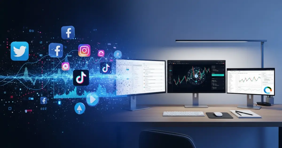 A modern desk setup with three monitors displaying data analytics and graphs, while social media icons like Twitter, Facebook, Instagram, and TikTok appear digitally on the left, suggesting digital marketing or social media analysis.