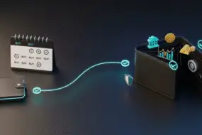 A digital illustration shows a line connecting a closed wallet to an open wallet filled with coins, graphs, gold, and buildings. A calendar marked with “BUY” stands nearby, symbolizing financial planning and investments.