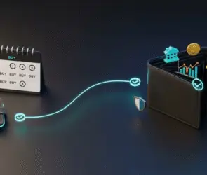A digital illustration shows a line connecting a closed wallet to an open wallet filled with coins, graphs, gold, and buildings. A calendar marked with “BUY” stands nearby, symbolizing financial planning and investments.