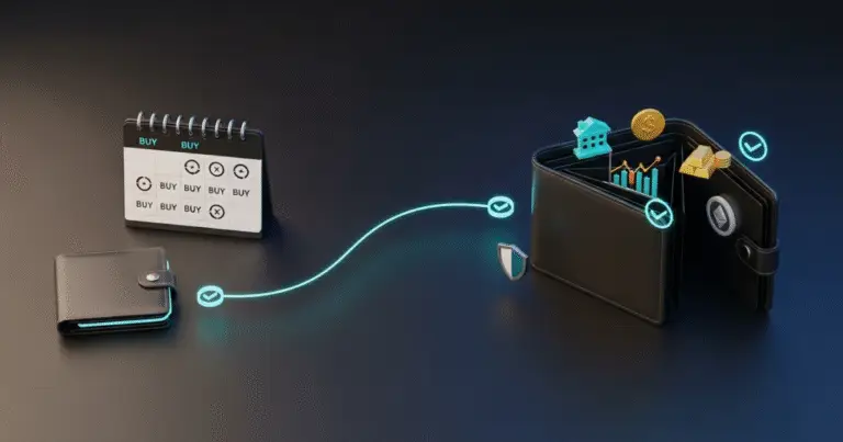 A digital illustration shows a line connecting a closed wallet to an open wallet filled with coins, graphs, gold, and buildings. A calendar marked with “BUY” stands nearby, symbolizing financial planning and investments.