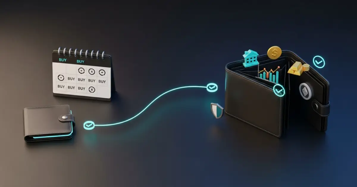 A digital illustration shows a line connecting a closed wallet to an open wallet filled with coins, graphs, gold, and buildings. A calendar marked with “BUY” stands nearby, symbolizing financial planning and investments.