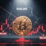 A gold Bitcoin coin is centered in front of a red candlestick chart, with lightning above and price markers showing $96,000, $93,000, and a highlighted $100,000 at the top. The scene suggests market volatility.