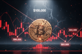 A gold Bitcoin coin is centered in front of a red candlestick chart, with lightning above and price markers showing $96,000, $93,000, and a highlighted $100,000 at the top. The scene suggests market volatility.