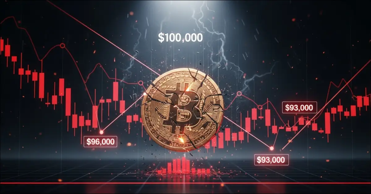 A gold Bitcoin coin is centered in front of a red candlestick chart, with lightning above and price markers showing $96,000, $93,000, and a highlighted $100,000 at the top. The scene suggests market volatility.
