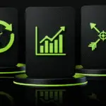 Three black panels with neon green icons: a coin stack with recycling arrows, a bar chart with an upward arrow, and two crossed arrows with a target symbol, all on pedestal bases against a dark background. | Bitunix Bitunix Earn Makes Your Idle Crypto Work Harder | Bitunix | Bitunix