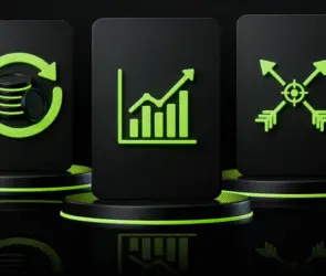 Three black panels with neon green icons: a coin stack with recycling arrows, a bar chart with an upward arrow, and two crossed arrows with a target symbol, all on pedestal bases against a dark background.