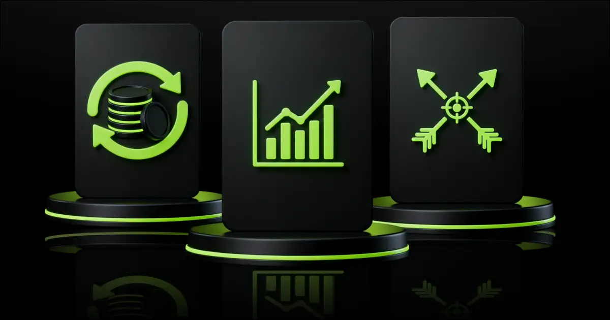 Drei schwarz-grüne Podeste zeigen Symbole: einen Stapel Münzen mit einem kreisförmigen Pfeil, ein nach oben verlaufendes Balkendiagramm und gekreuzte Pfeile, die eine Zielscheibe treffen. Sie stehen vor dunklem Hintergrund und symbolisieren Wachstum, finanziellen Austausch und Strategie. | Bitunix Bitunix Earn macht Deine ungenutzte Krypto leistungsstärker | Bitunix