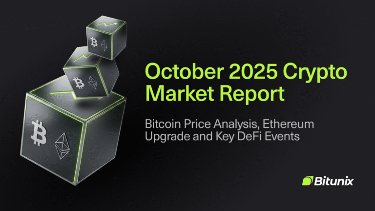 Three gray cubes with Bitcoin and Ethereum logos float above a dark background. Text reads: “October 2025 Crypto Market Report. Bitcoin Price Analysis, Ethereum Upgrade and Key DeFi Events.” Bitunix logo is in the bottom right corner.