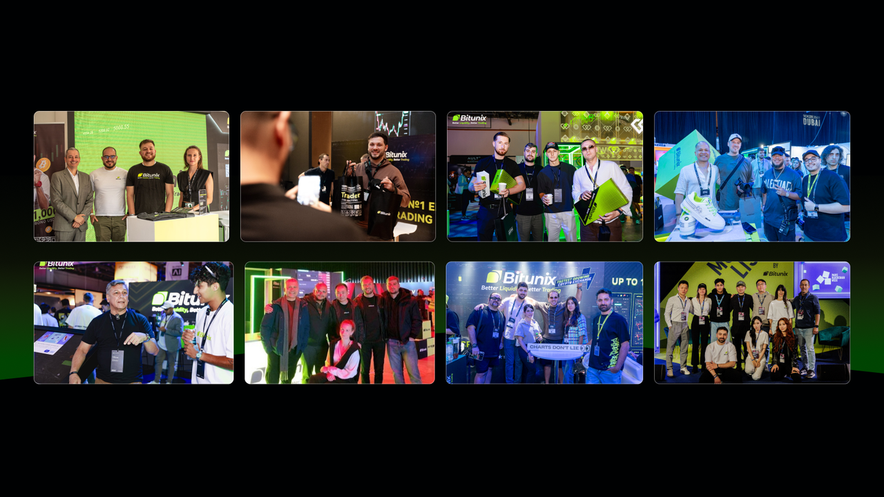 A collage of eight photos shows groups of people at a tech event, posing together in front of green and black displays with Binunx branding and holding event materials or giveaways.