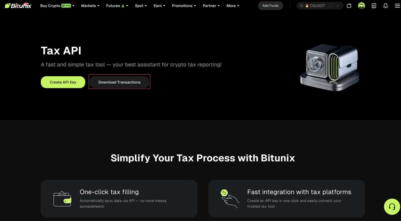 Screenshot of the Bitunix Tax API webpage showing options to “Create API Key” and “Download Transactions,” with a graphic of a safe and sections highlighting one-click tax filing and integration with tax platforms.