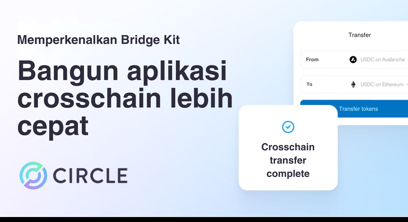 Bitunix A promotional graphic with Indonesian text about building crosschain applications faster using Bridge Kit by Circle, featuring interface elements and a “Crosschain transfer complete” notification.
