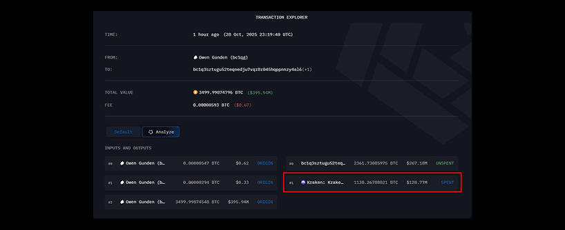 A cryptocurrency transaction explorer interface shows transaction details, including sender, receiver, amount, and status. A section labeled “Kizame: Kim...” is highlighted with a red box, indicating it as a spent output.