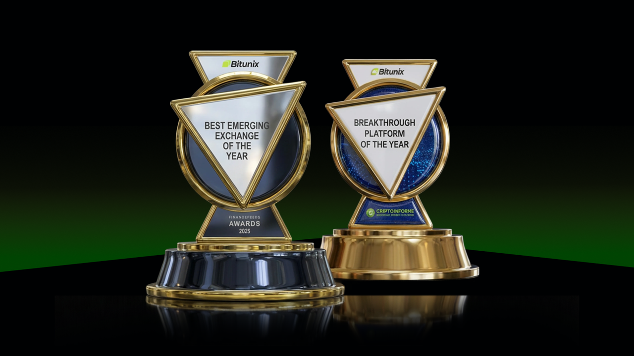 Two gold and black triangular trophies on display. The left trophy reads Best Emerging Exchange of the Year, and the right reads Breakthrough Platform of the Year. Both have Bitunix logos and stand on a dark background. | Bitunix Two gold and black triangular trophies on display. The left trophy reads Best Emerging Exchange of the Year, and the right reads Breakthrough Platform of the Year. Both have Bitunix logos and stand on a dark background.
