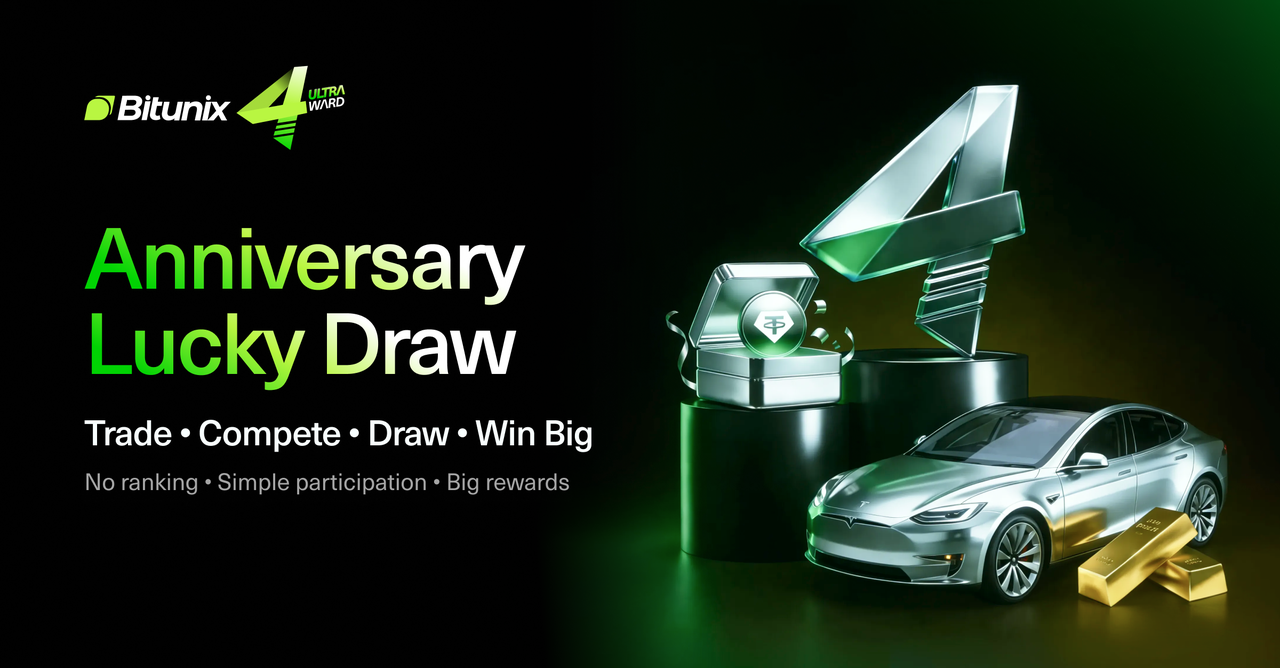 A digital advertisement for Bitunixs 4th anniversary lucky draw features a large metallic number 4, a trophy, a silver car, and gold bars. Text reads: “Anniversary Lucky Draw. Trade • Compete • Draw • Win Big.”. | Bitunix A digital advertisement for Bitunixs 4th anniversary lucky draw features a large metallic number 4, a trophy, a silver car, and gold bars. Text reads: “Anniversary Lucky Draw. Trade • Compete • Draw • Win Big.”.