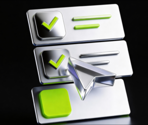 A 3D illustration of three metallic checklist boxes on a black background. Two boxes are checked with green checkmarks, and the third box is empty. A silver paper airplane icon points toward the boxes.
