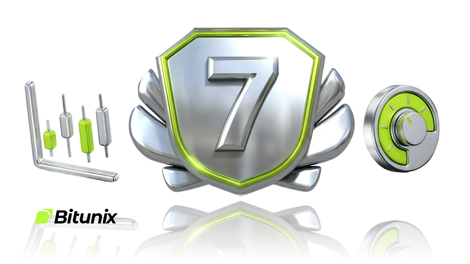 A shiny silver shield with a green border and the number 7, flanked by trading candlesticks on the left and a green combination lock on the right. Bitunix logo and name appear in the bottom left corner.