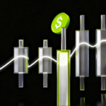A stylized chart with glowing candlestick bars, a white fluctuating line, and floating green coins with dollar signs on a black background, representing financial or stock market activity.