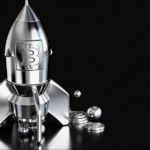 A shiny silver rocket with the Bitcoin symbol stands upright, surrounded by metallic Bitcoin coins and spheres, all set against a glossy black background.