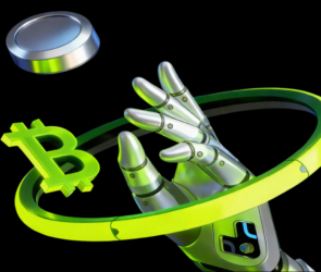 A robotic hand reaches upward inside a glowing green ring, grasping for a floating Bitcoin symbol and a large silver coin against a black background.