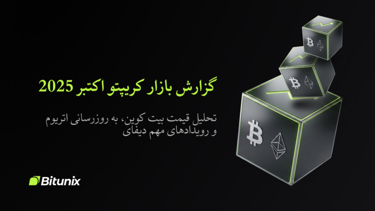 Bitunix A black graphic with three cubes featuring Bitcoin and Ethereum logos, Persian text about the October 2025 crypto market report, and the Bitunix logo at the bottom left.