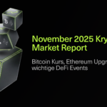 Three cubes with Bitcoin and Ethereum logos float above a black background. Text reads: November 2025 Krypto Market Report. Bitcoin Kurs, Ethereum Upgrade und wichtige DeFi Events. Bitunix logo is in the bottom right corner.