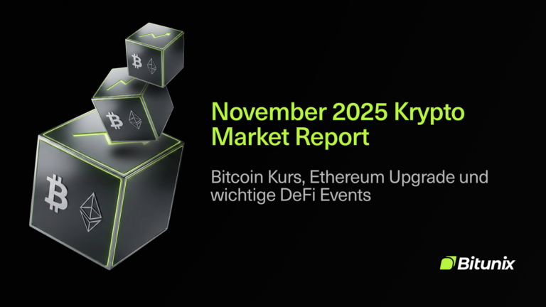 Three cubes with Bitcoin and Ethereum logos float above a black background. Text reads: November 2025 Krypto Market Report. Bitcoin Kurs, Ethereum Upgrade und wichtige DeFi Events. Bitunix logo is in the bottom right corner.