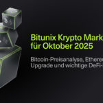 Bitunix A digital graphic showing three green-edged cubes with Bitcoin, Ethereum, and a DeFi icon, next to text: Bitunix Krypto Marktbericht für Oktober 2025. Bitcoin-Preisanalyse, Ethereum-Upgrade und wichtige DeFi-Ereignisse. Bitunix logo below.