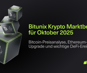 Bitunix A digital graphic showing three green-edged cubes with Bitcoin, Ethereum, and a DeFi icon, next to text: Bitunix Krypto Marktbericht für Oktober 2025. Bitcoin-Preisanalyse, Ethereum-Upgrade und wichtige DeFi-Ereignisse. Bitunix logo below.