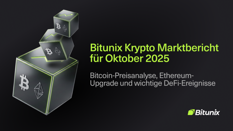 Bitunix A digital graphic showing three green-edged cubes with Bitcoin, Ethereum, and a DeFi icon, next to text: Bitunix Krypto Marktbericht für Oktober 2025. Bitcoin-Preisanalyse, Ethereum-Upgrade und wichtige DeFi-Ereignisse. Bitunix logo below.