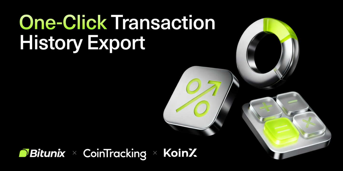 A graphic with the text One-Click Transaction History Export and logos for Bitunix, CoinTracking, and KoinX. It features 3D icons of a percentage sign, calculator, and a circular ring, all in silver and neon green. | Bitunix How to Download Your Bitunix Transaction History for Tax Reports | Bitunix